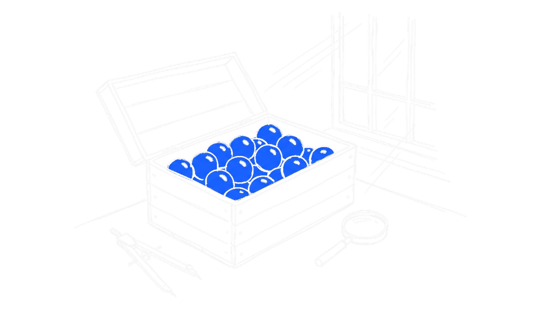 Illustration einer offenen Holzkiste voller elektroblauer Kugeln neben Zirkel und Lupe, kinewsletter.ch Stil