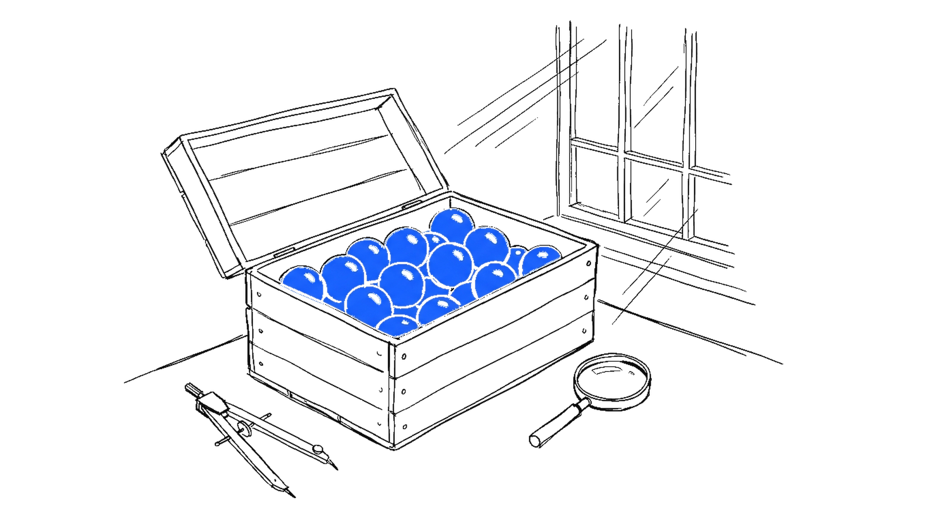 Illustration einer offenen Holzkiste voller elektroblauer Kugeln neben Zirkel und Lupe, kinewsletter.ch Stil