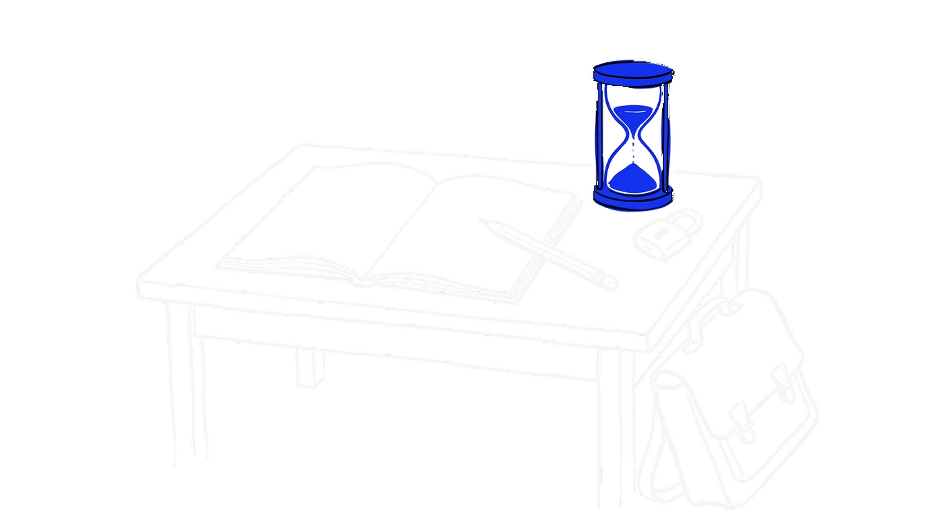 Illustration von Schreibtisch mit offenem Heft, Bleistift, Vorhängeschloss und blauer Sanduhr, kinewsletter.ch Stil