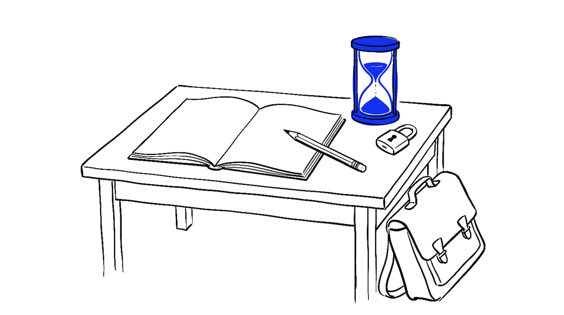 Illustration von Schreibtisch mit offenem Heft, Bleistift, Vorhängeschloss und blauer Sanduhr, kinewsletter.ch Stil
