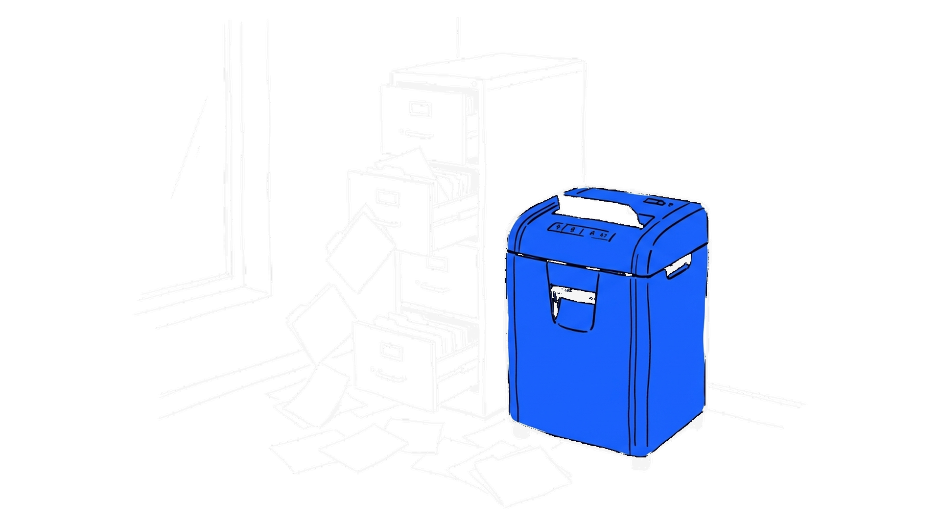 Illustration eines blauen Aktenvernichters vor einem Aktenschrank mit offenen Schubladen und verstreuten Mappen, kinewsletter.ch Stil (Dark Mode)