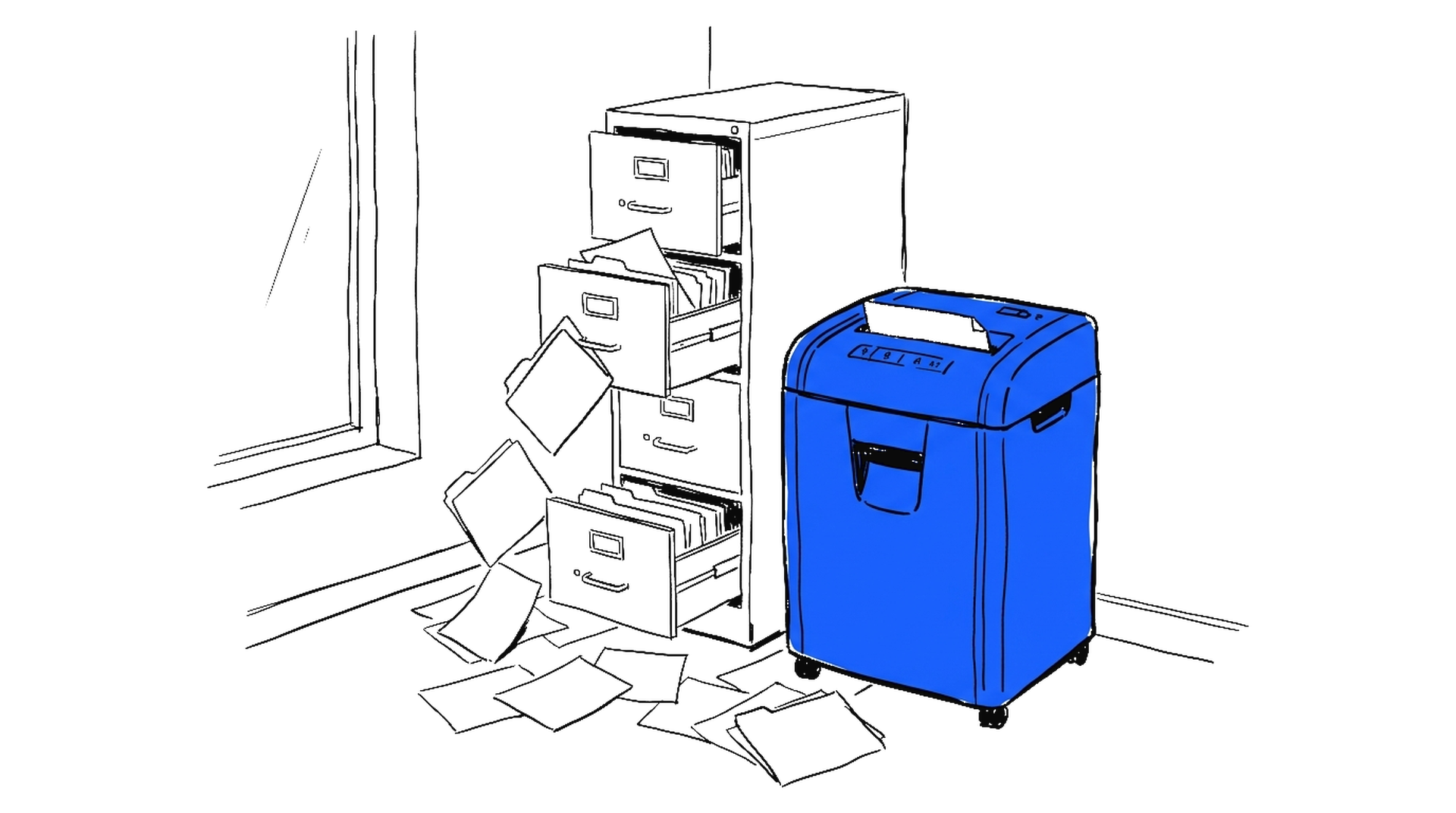 Illustration eines blauen Aktenvernichters vor einem Aktenschrank mit offenen Schubladen und verstreuten Mappen, kinewsletter.ch Stil