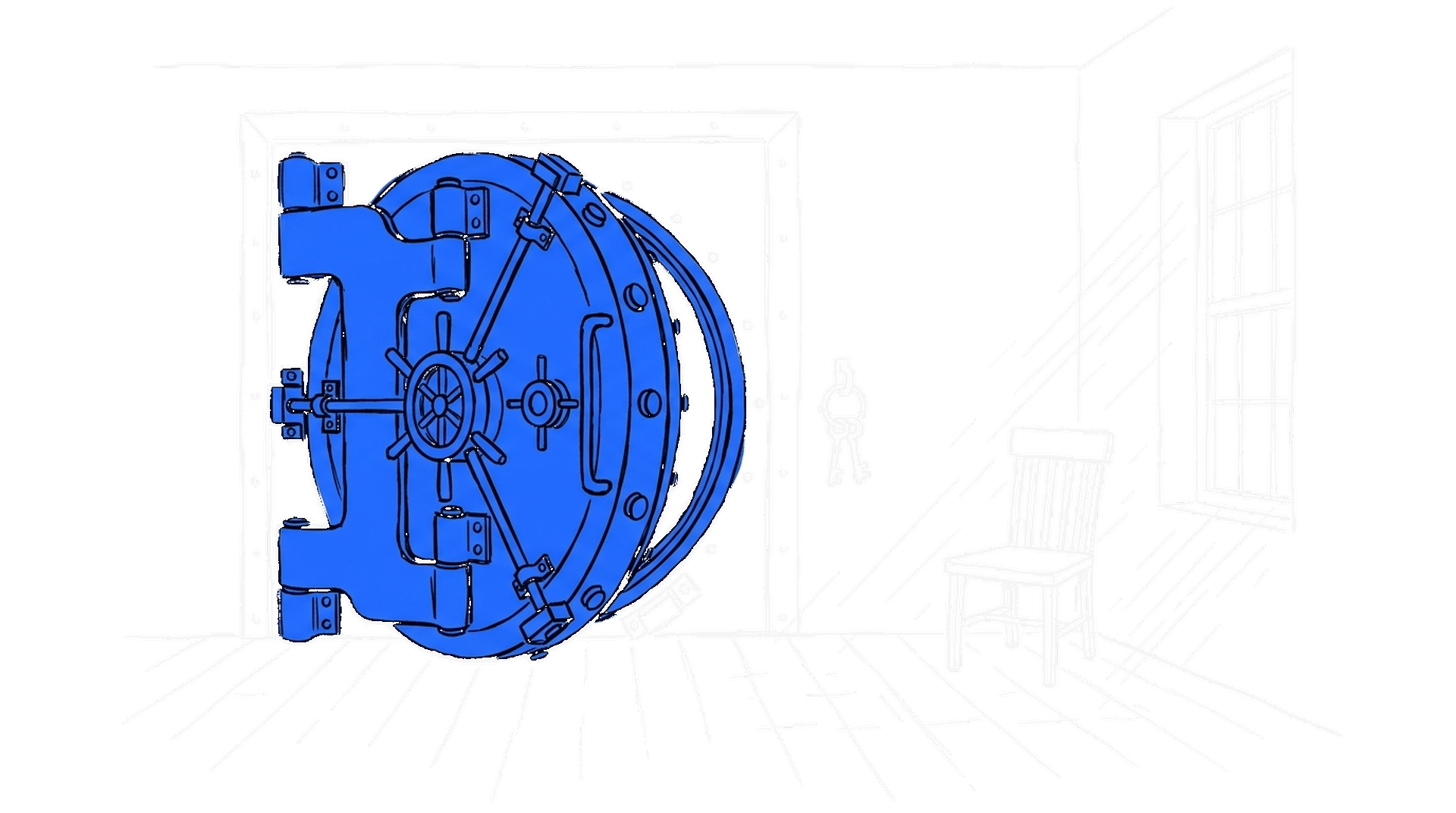 Illustration einer offenen Tresortür mit Schlüsselbund am Haken, kinewsletter.ch Stil