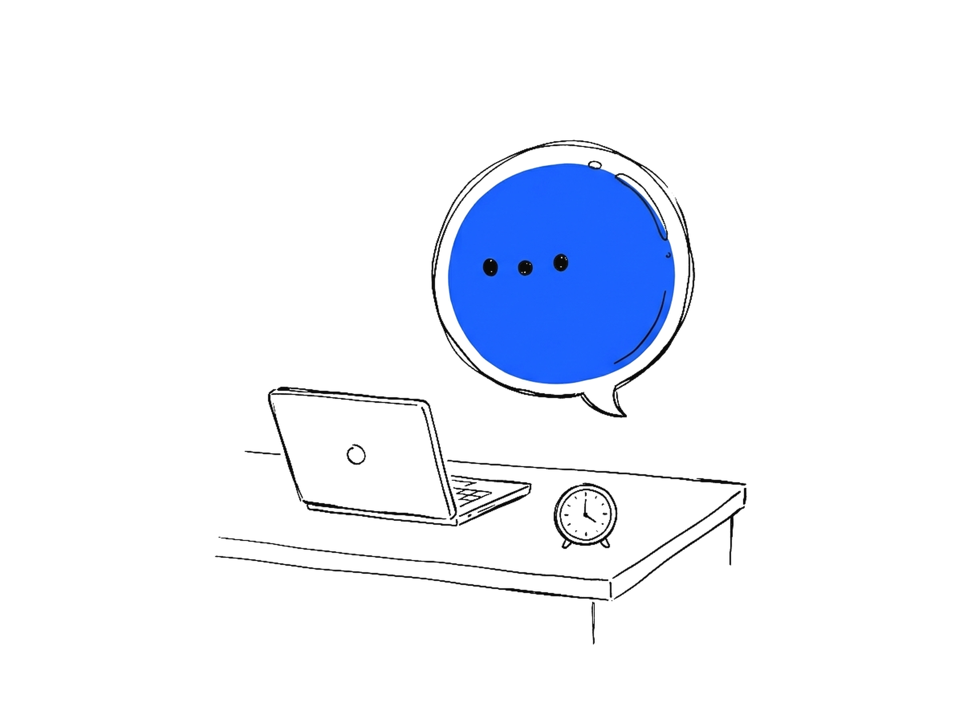 Tuschskizze einer blauen Sprechblase mit drei Punkten, die über einem Schreibtisch mit Laptop und Wecker schwebt