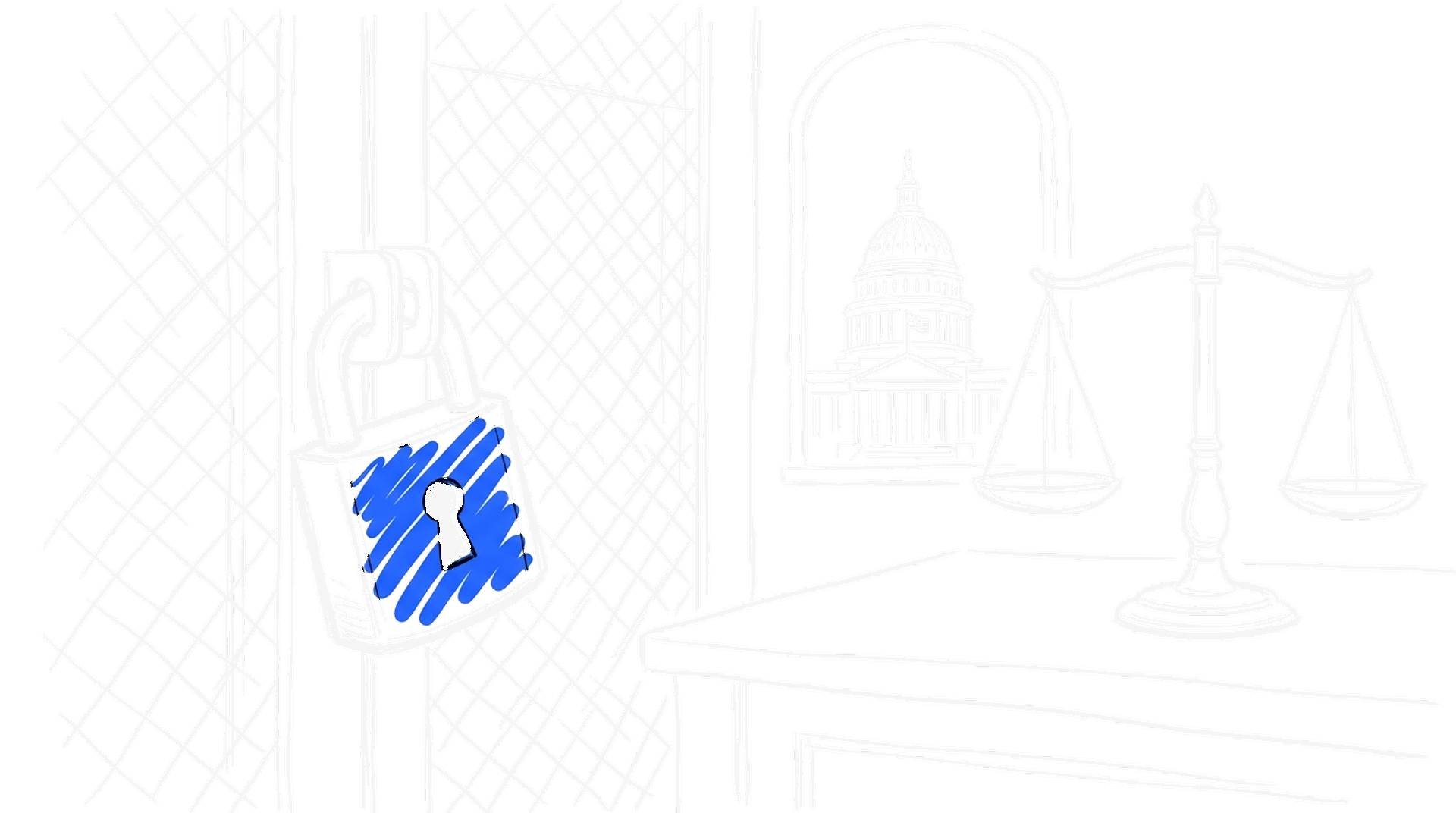 Illustration eines schweren Vorhängeschlosses an einer Serverschrank-Tür neben gebundenen Gesetzbüchern, kinewsletter.ch Stil