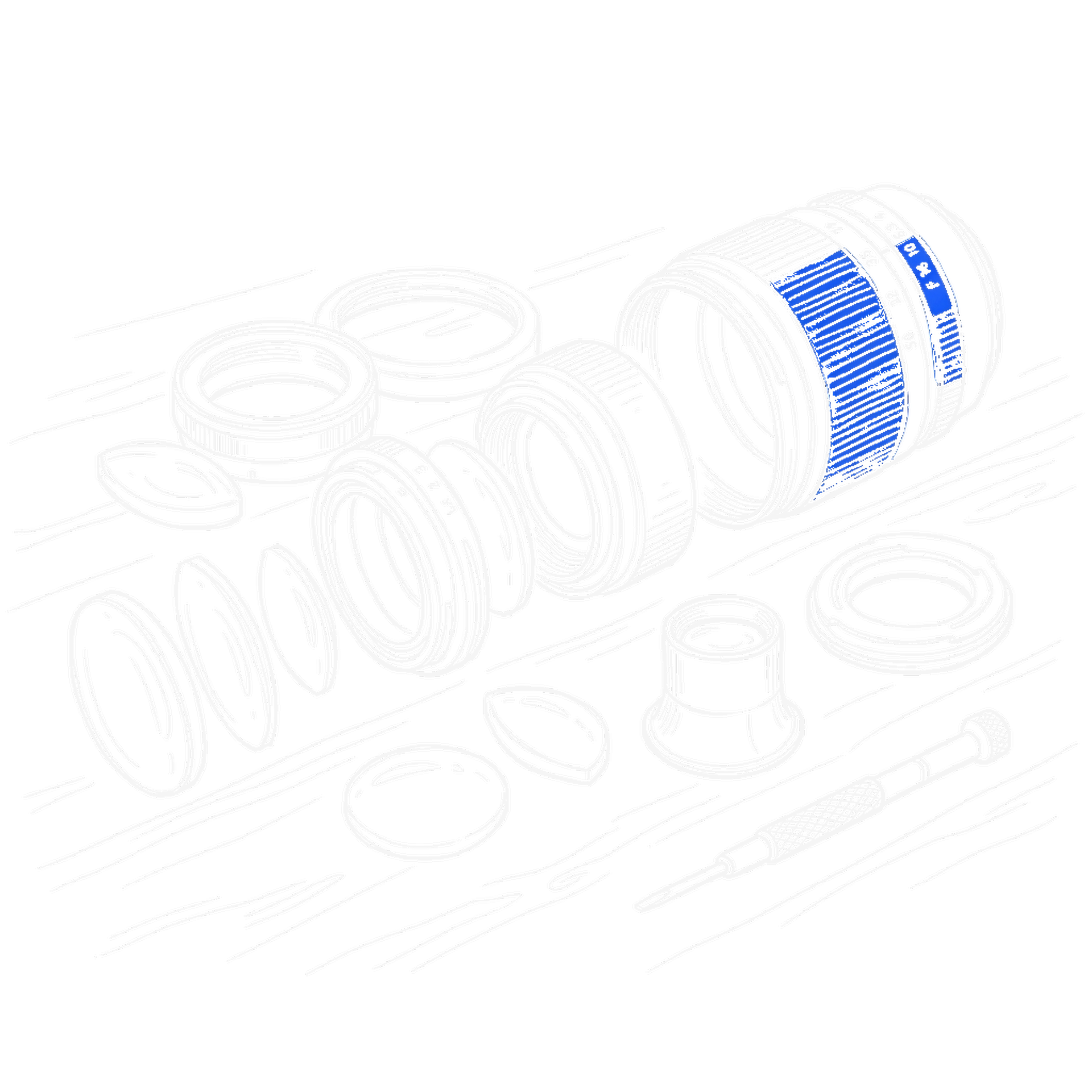 Illustration eines zerlegten Kameraobjektivs mit Linsenelementen auf einer Werkbank, kinewsletter.ch Stil
