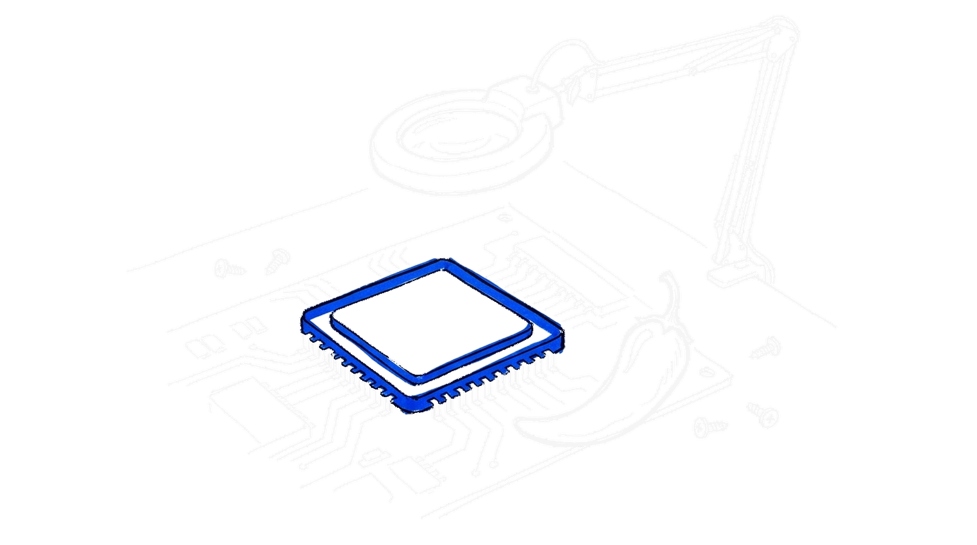 Illustration eines grossen Prozessorchips in Elektroblau auf einer Platine, daneben eine Chilischote und eine Lupenlampe, kinewsletter.ch Stil