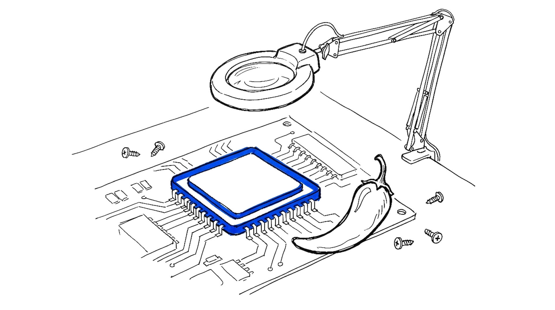 Illustration eines grossen Prozessorchips in Elektroblau auf einer Platine, daneben eine Chilischote und eine Lupenlampe, kinewsletter.ch Stil
