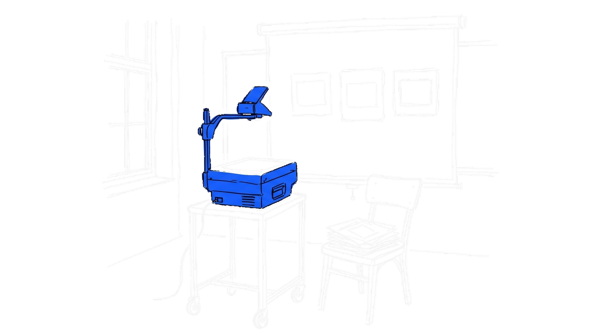 Illustration eines Overhead-Projektors auf einem Rollwagen vor einer Leinwand mit Folienstapel, kinewsletter.ch Stil