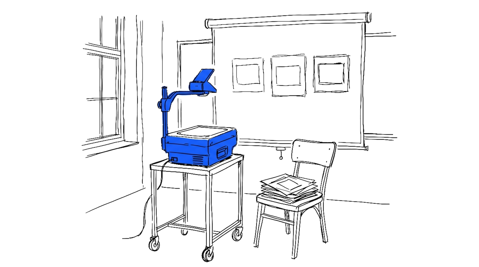 Illustration eines Overhead-Projektors auf einem Rollwagen vor einer Leinwand mit Folienstapel, kinewsletter.ch Stil