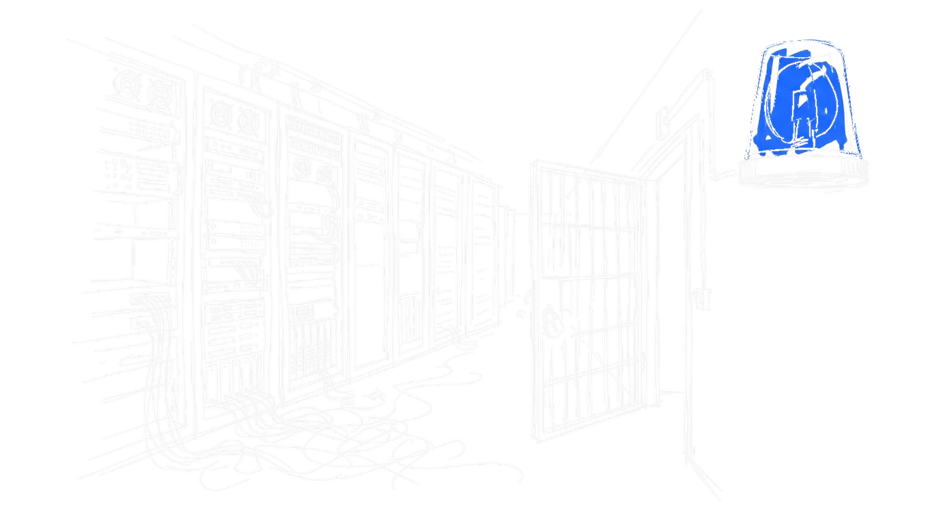 Illustration eines Serverraums mit aufgebrochener Kaefigtuer und blauer Warnleuchte, kinewsletter.ch Stil