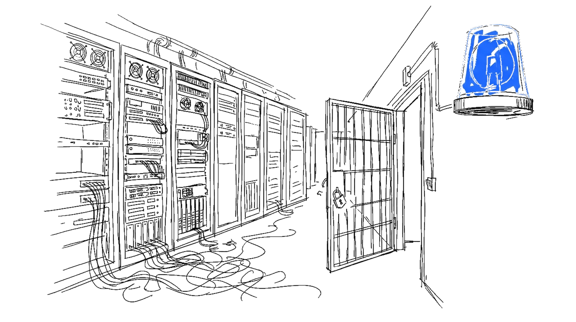 Illustration eines Serverraums mit aufgebrochener Kaefigtuer und blauer Warnleuchte, kinewsletter.ch Stil