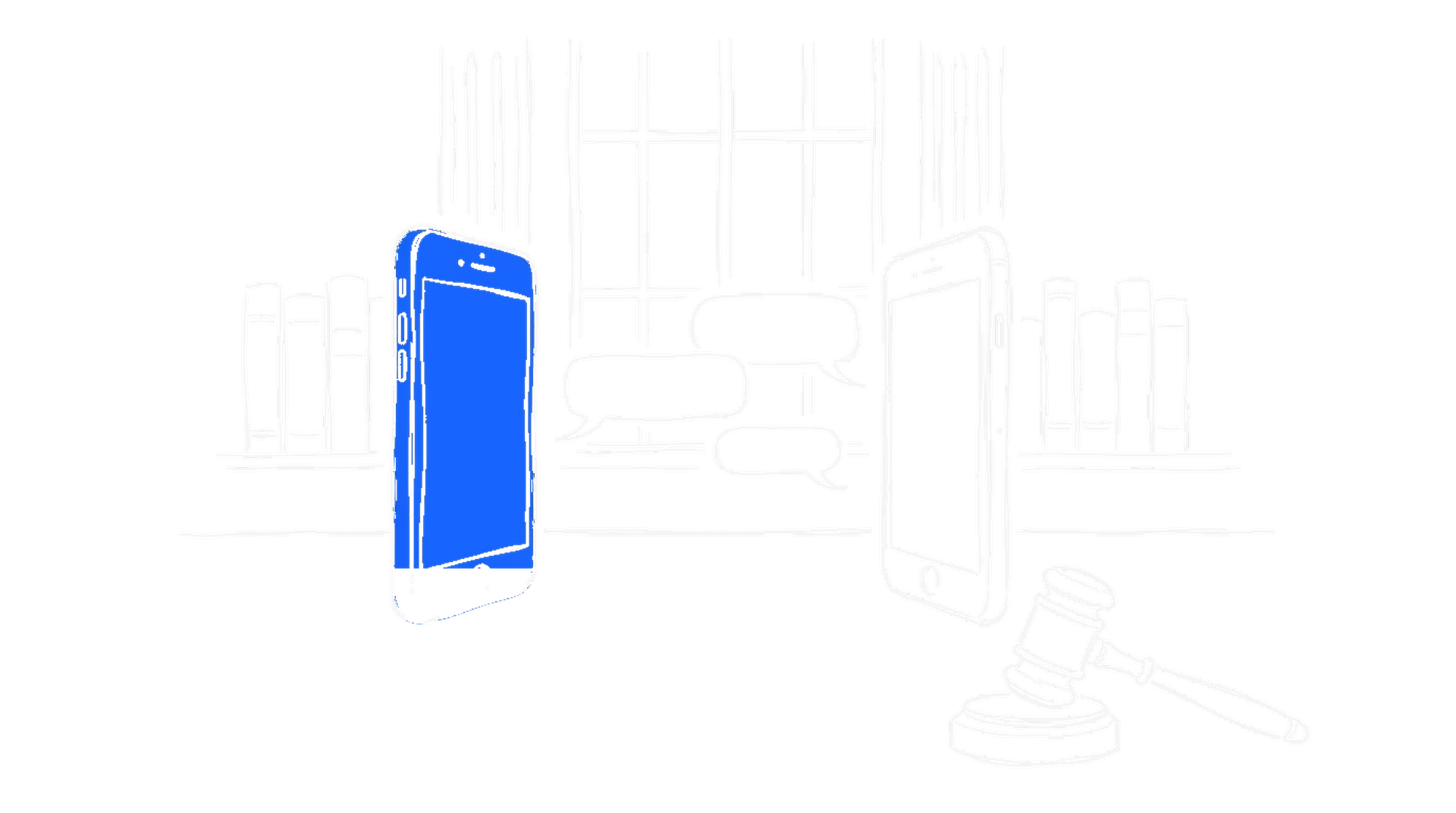 Illustration zweier Smartphones mit Sprechblasen vor Bücherregal und Richterhammer, kinewsletter.ch Stil