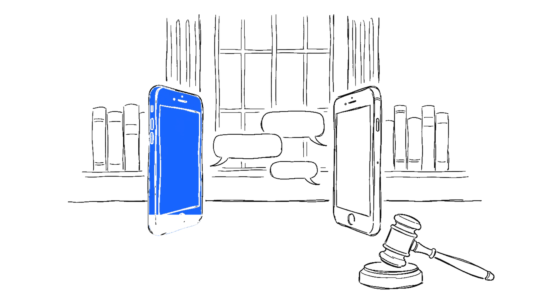 Illustration zweier Smartphones mit Sprechblasen vor Bücherregal und Richterhammer, kinewsletter.ch Stil