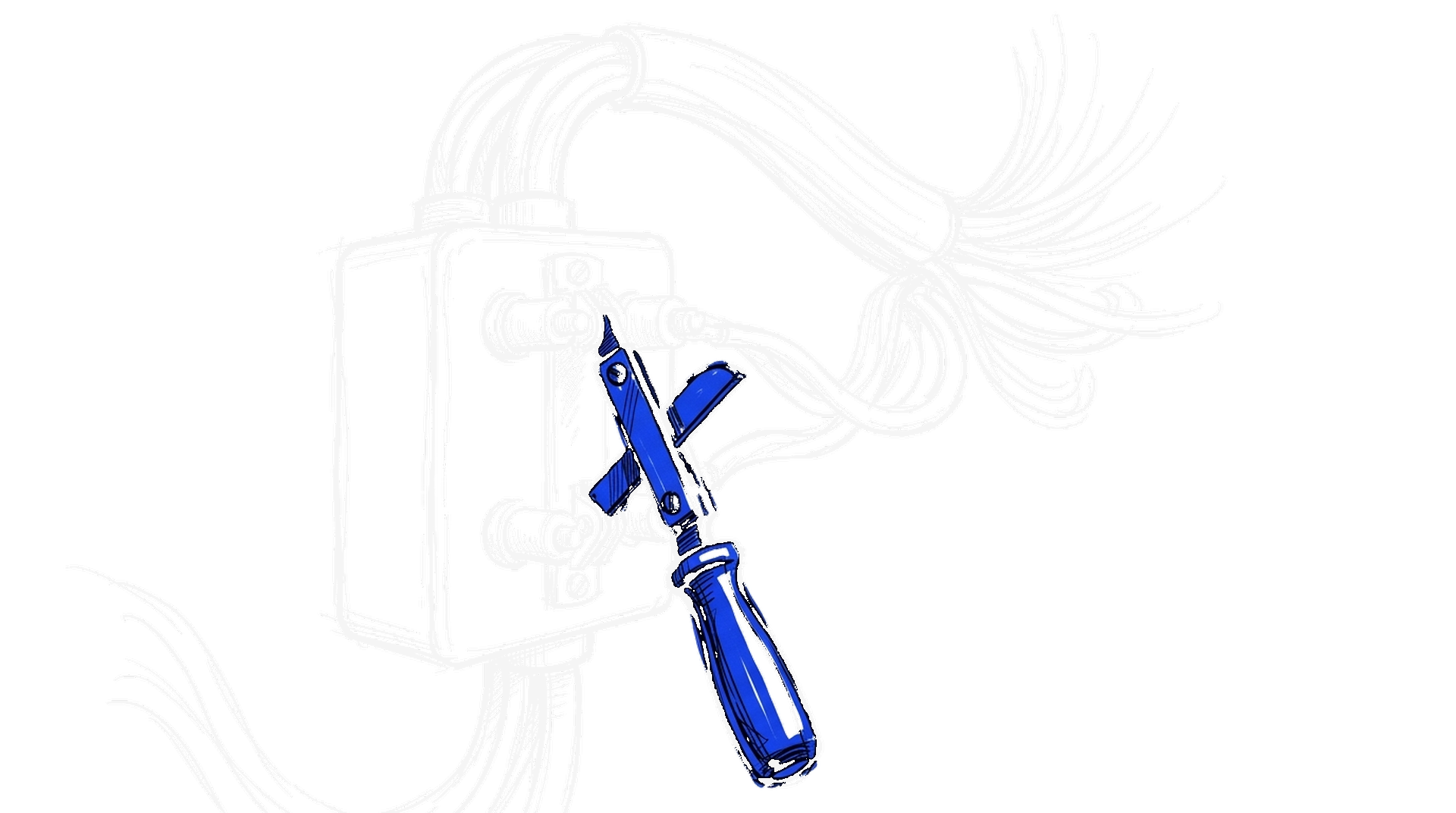 Illustration eines überdimensionierten Messerschalters an einem Wandkasten mit abgehenden Kabelbündeln, kinewsletter.ch Stil