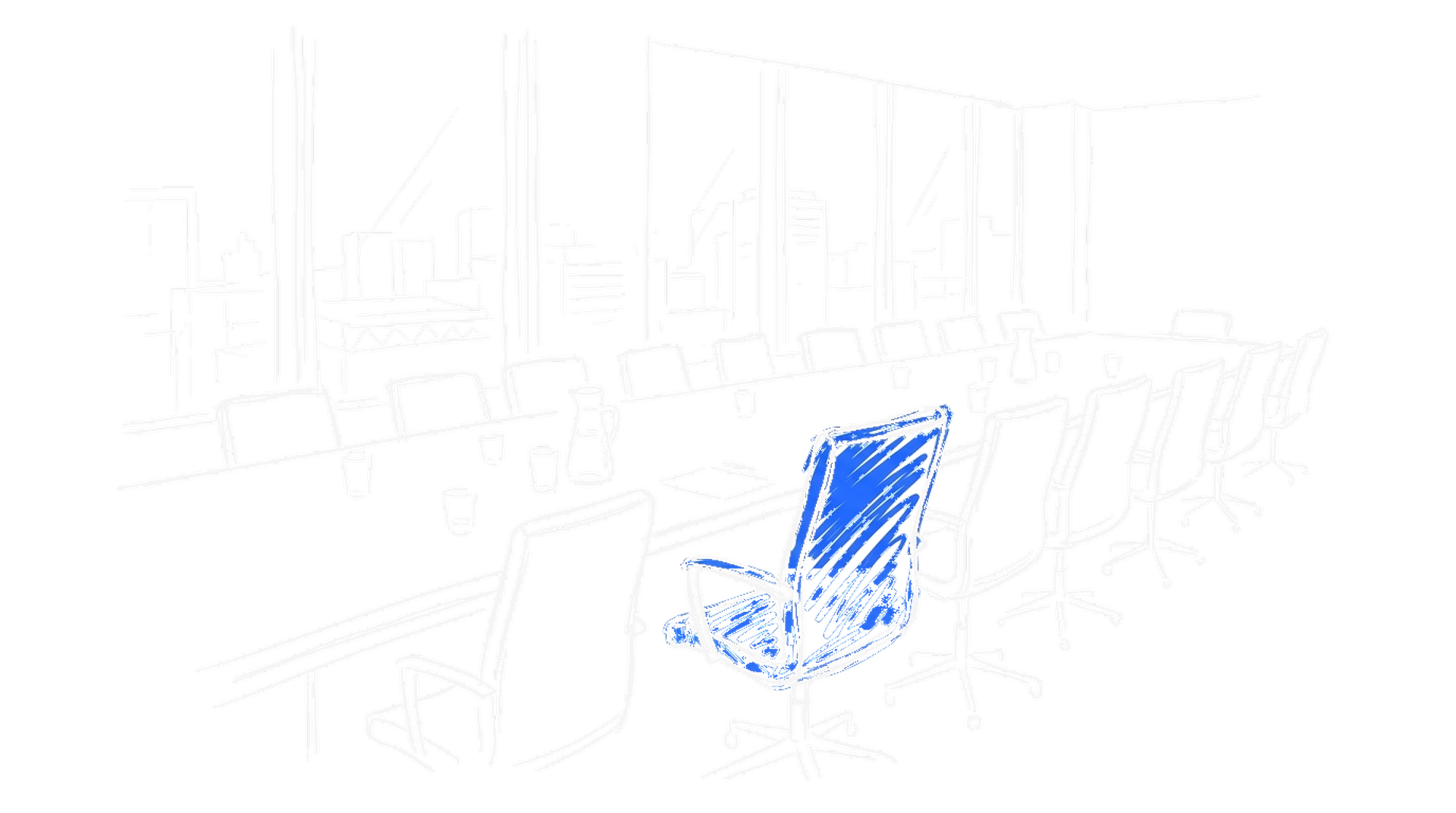 Illustration eines langen Sitzungstischs mit Stuhlreihe und einem zurückgeschobenen elektroblauen Stuhl, Fensterfront im Hintergrund, kinewsletter.ch Stil
