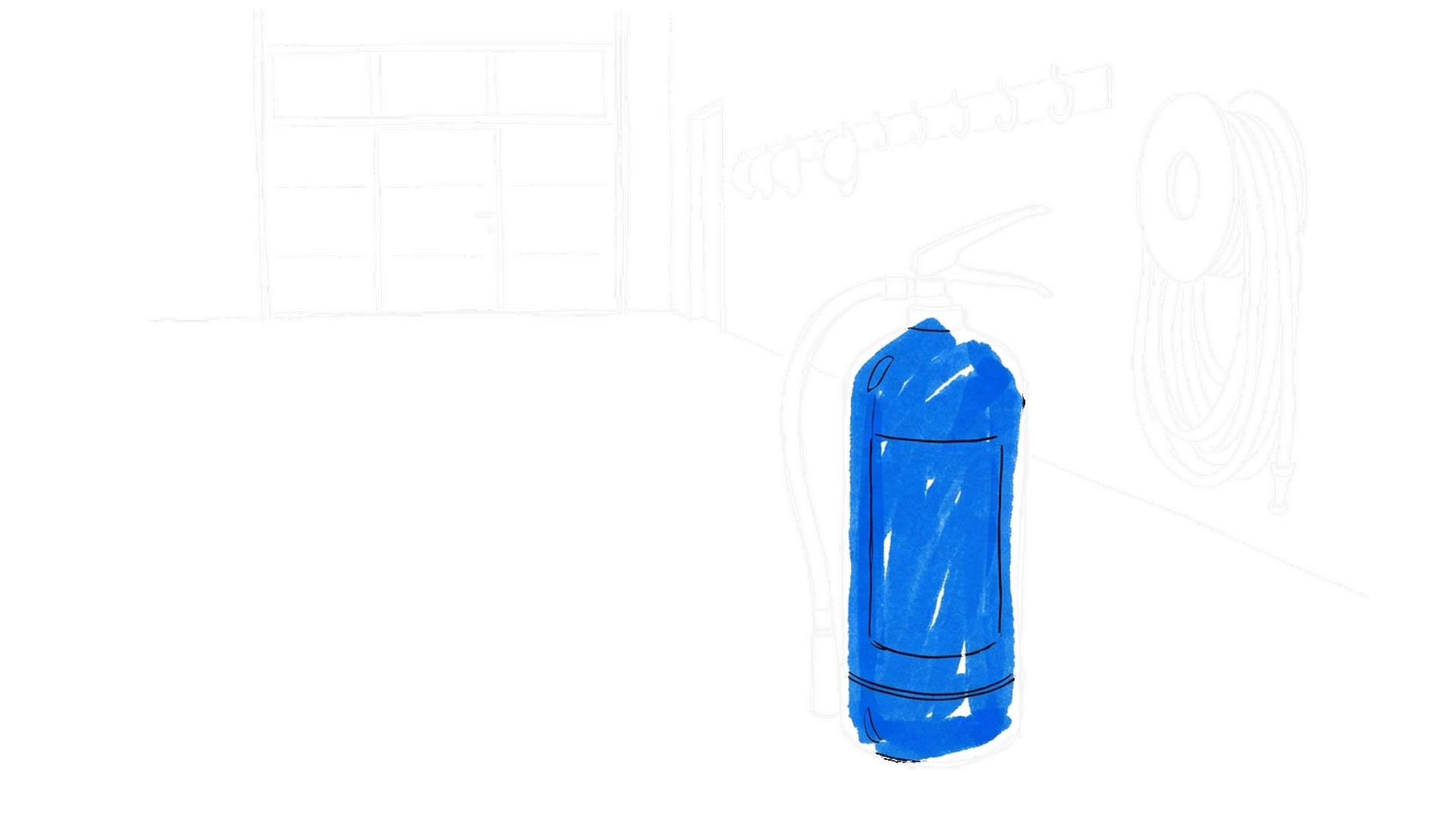 Illustration einer leeren Feuerwache mit leeren Helmhaken und einem blauen Feuerlöscher, kinewsletter.ch Stil