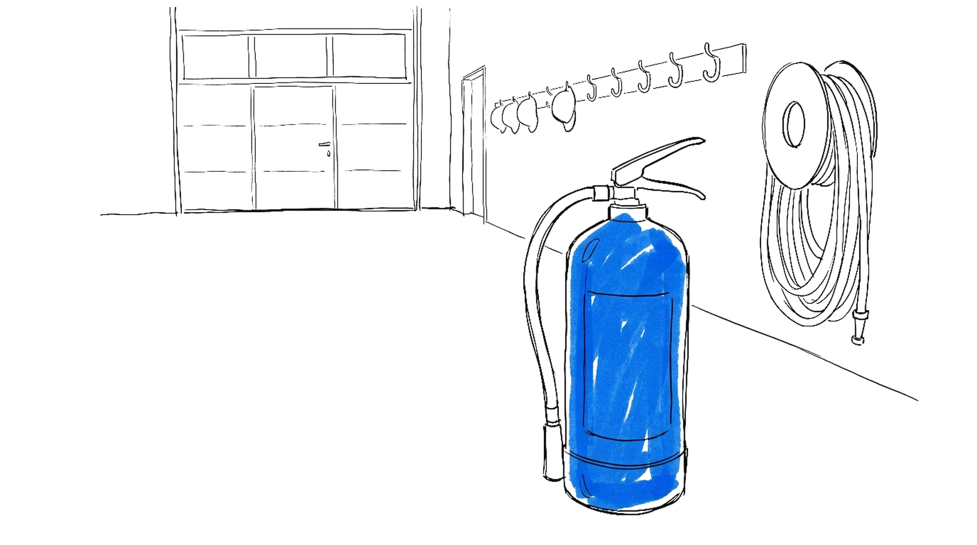 Illustration einer leeren Feuerwache mit leeren Helmhaken und einem blauen Feuerlöscher, kinewsletter.ch Stil