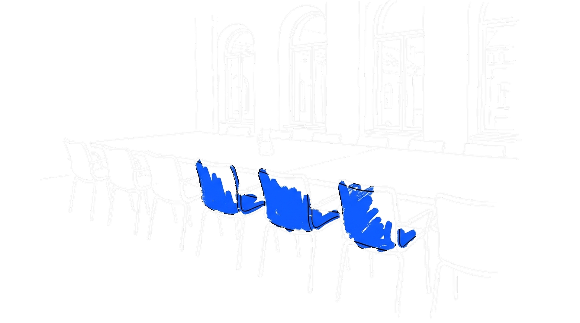 Illustration eines langen Sitzungstisches in einem alten Seminarraum mit einer Reihe leerer Stühle und einer Wasserkaraffe, kinewsletter.ch Stil