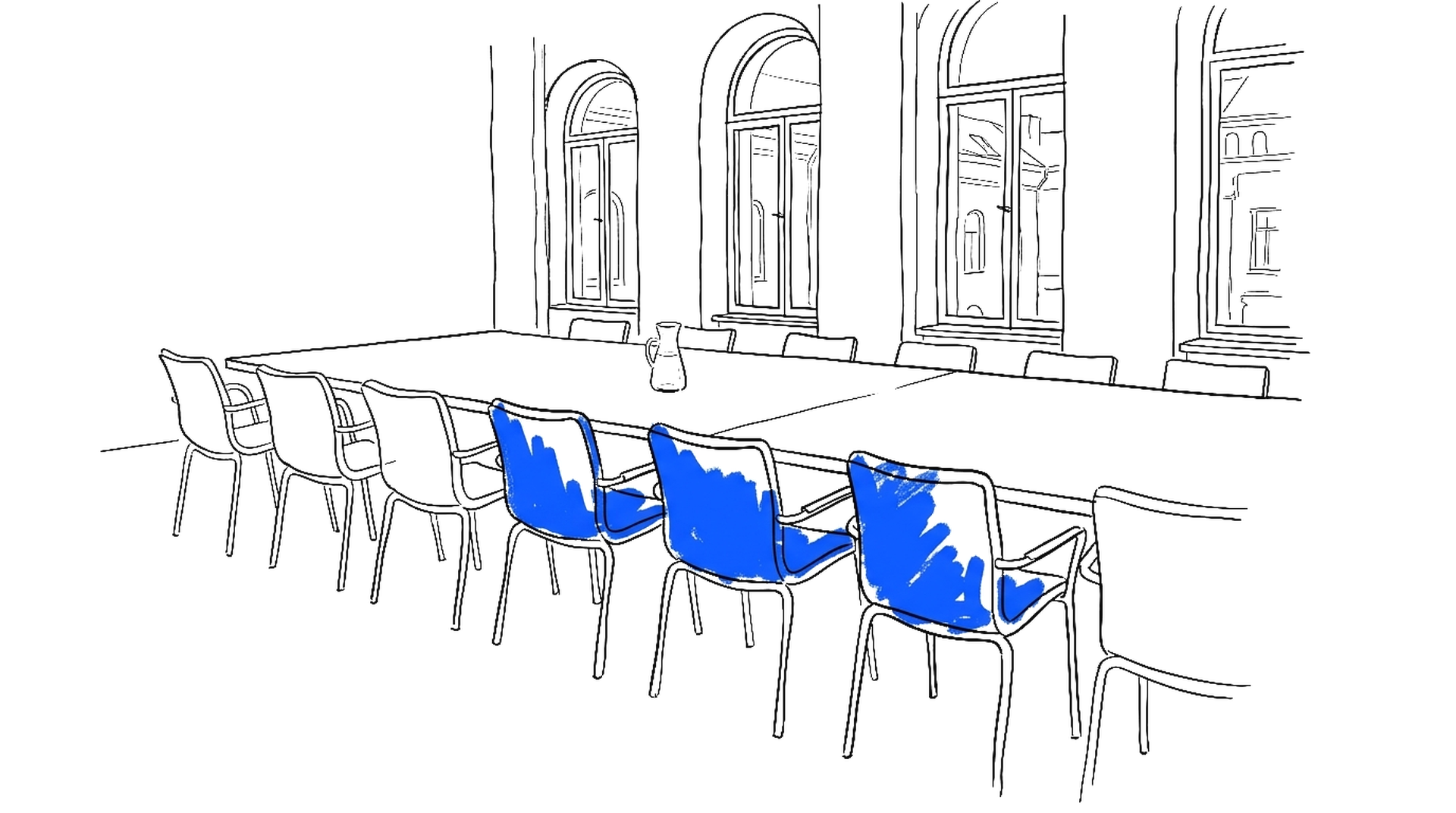 Illustration eines langen Sitzungstisches in einem alten Seminarraum mit einer Reihe leerer Stühle und einer Wasserkaraffe, kinewsletter.ch Stil