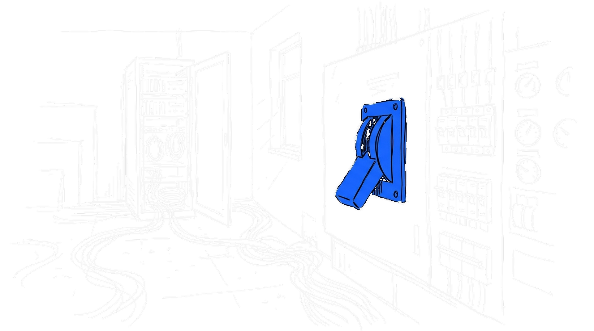 Illustration eines Schaltraums mit blauem Not-Aus-Hebel auf der Wandtafel, Sicherungsreihen, Messuhren und offenem Serverschrank, kinewsletter.ch Stil