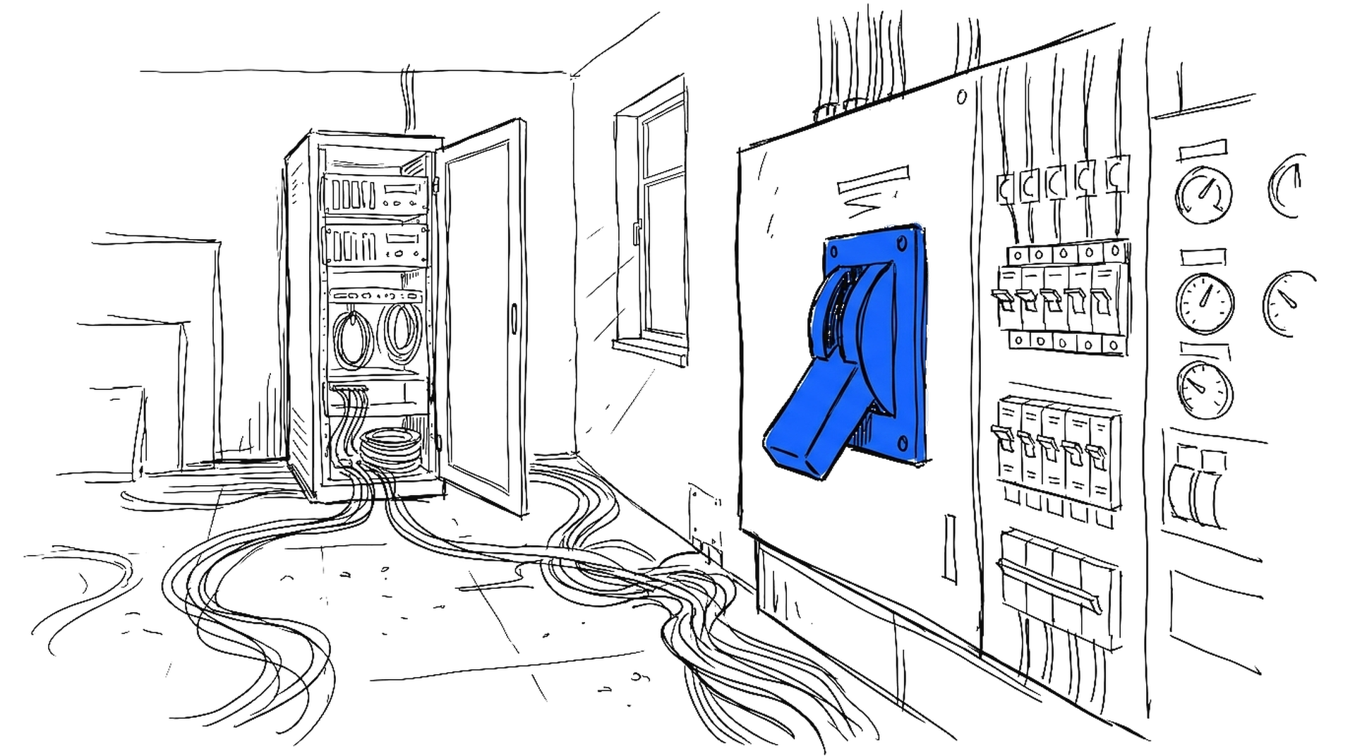 Illustration eines Schaltraums mit blauem Not-Aus-Hebel auf der Wandtafel, Sicherungsreihen, Messuhren und offenem Serverschrank, kinewsletter.ch Stil
