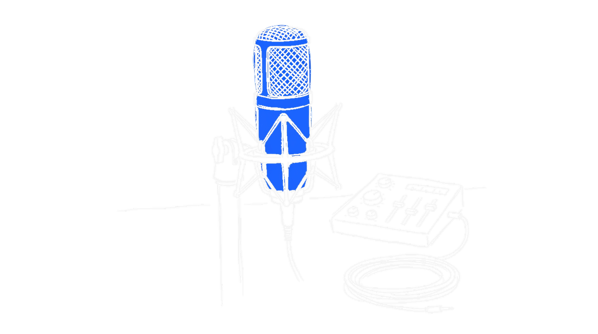 Illustration eines blauen Studiomikrofons mit Mischpult, kinewsletter.ch Stil