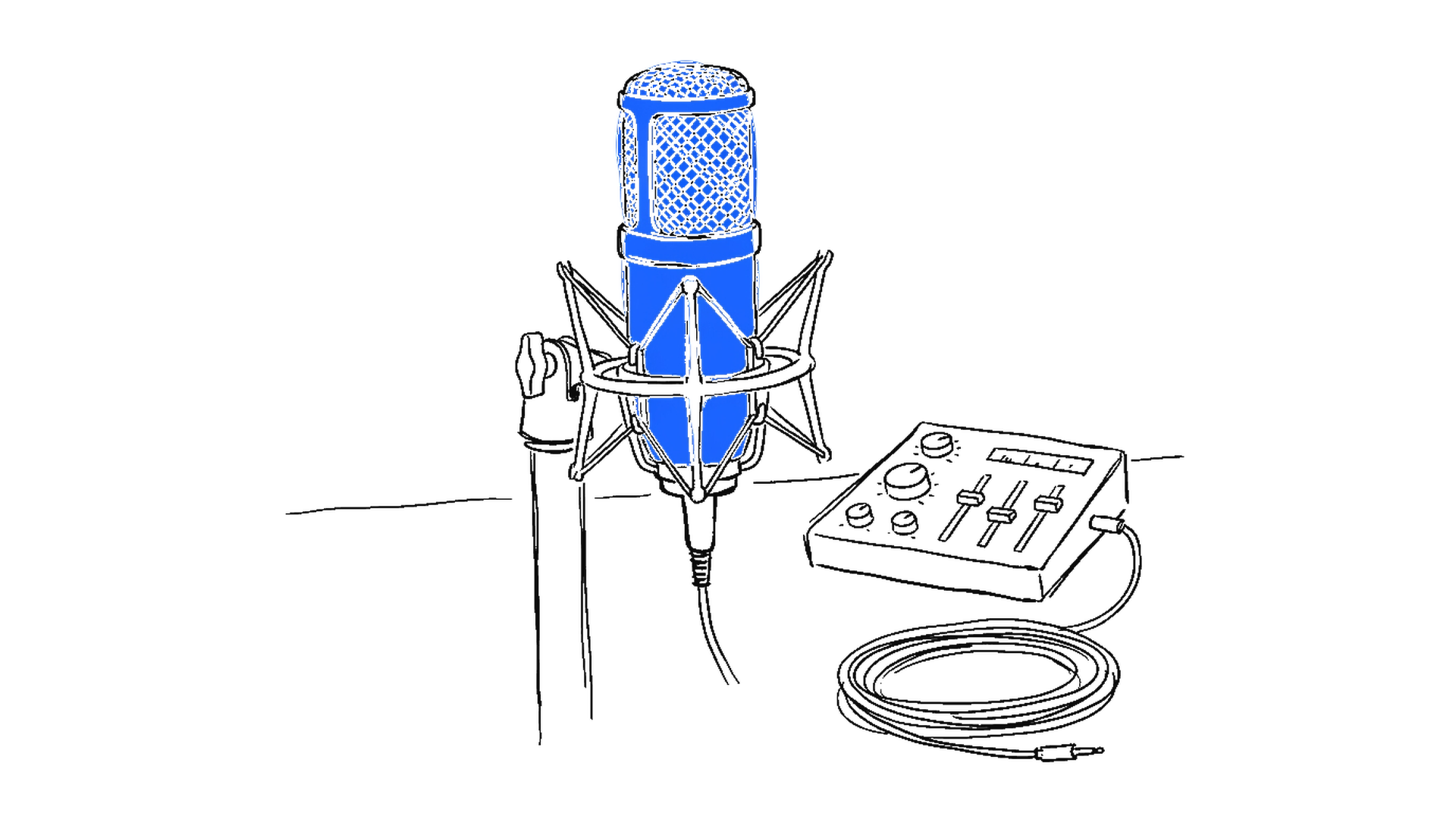 Illustration eines blauen Studiomikrofons mit Mischpult, kinewsletter.ch Stil
