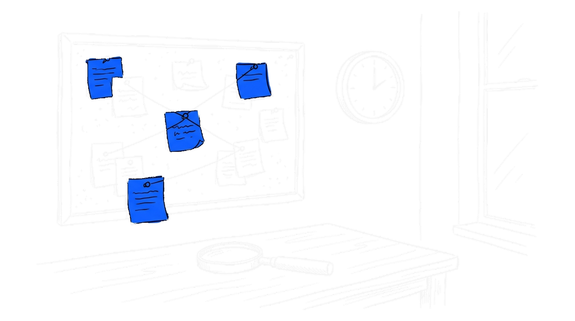 Illustration einer Pinnwand mit angehefteten, durch Fäden verbundenen Notizzetteln und einer Lupe auf einem Holztisch, kinewsletter.ch Stil