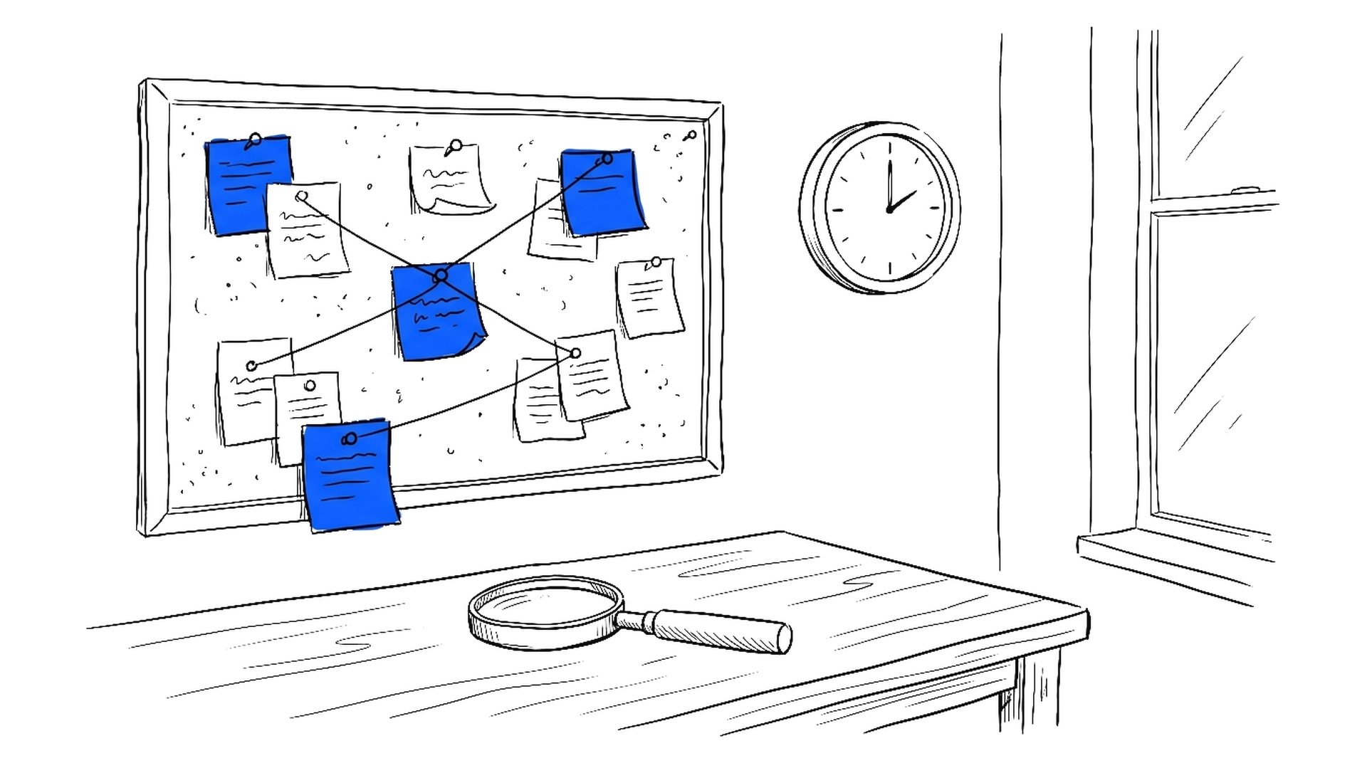 Illustration einer Pinnwand mit angehefteten, durch Fäden verbundenen Notizzetteln und einer Lupe auf einem Holztisch, kinewsletter.ch Stil