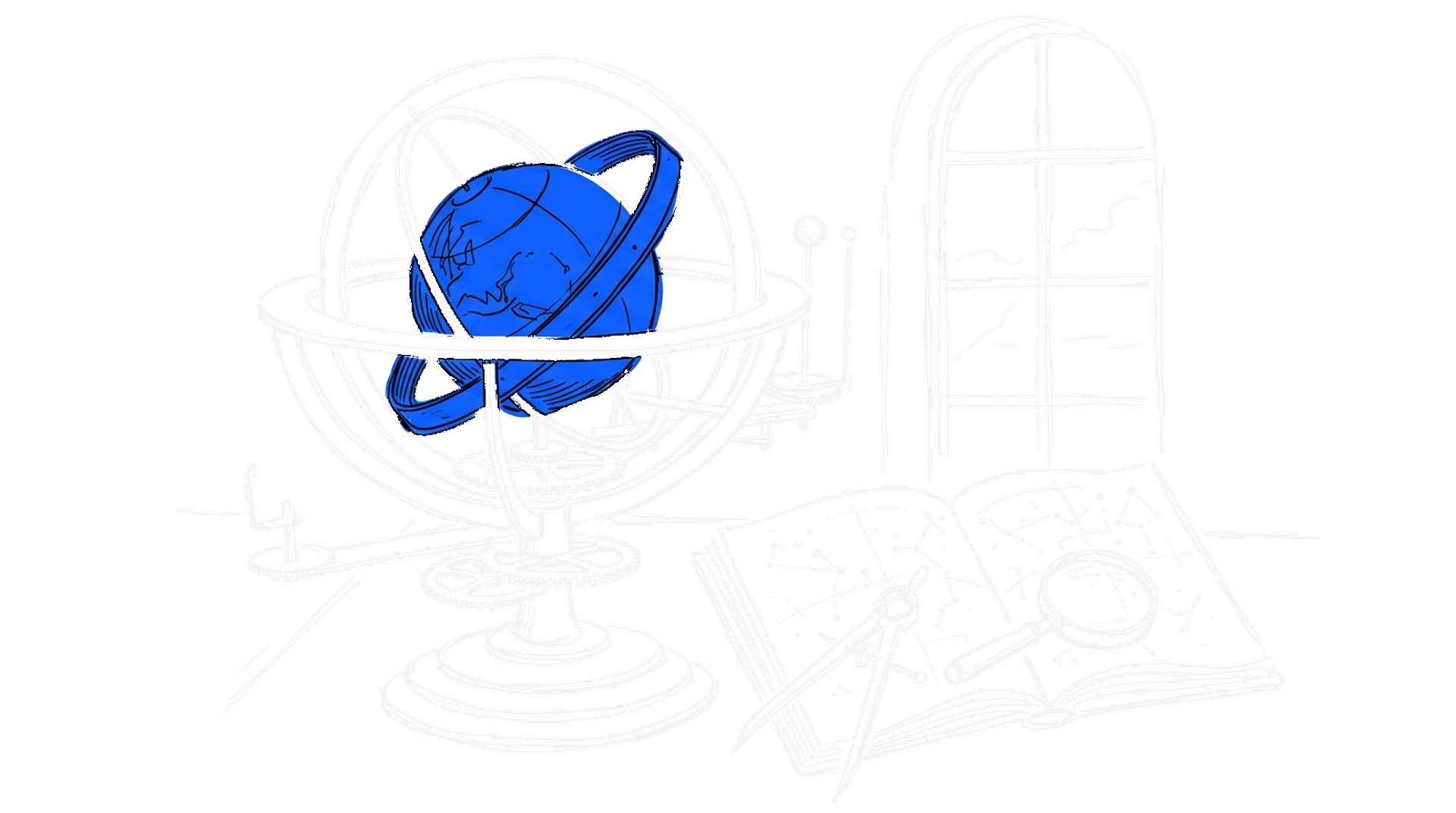 Illustration eines Orrery mit blauer Planetenkugel neben einem offenen Sternatlas mit Zirkel und Lupe, kinewsletter.ch Stil