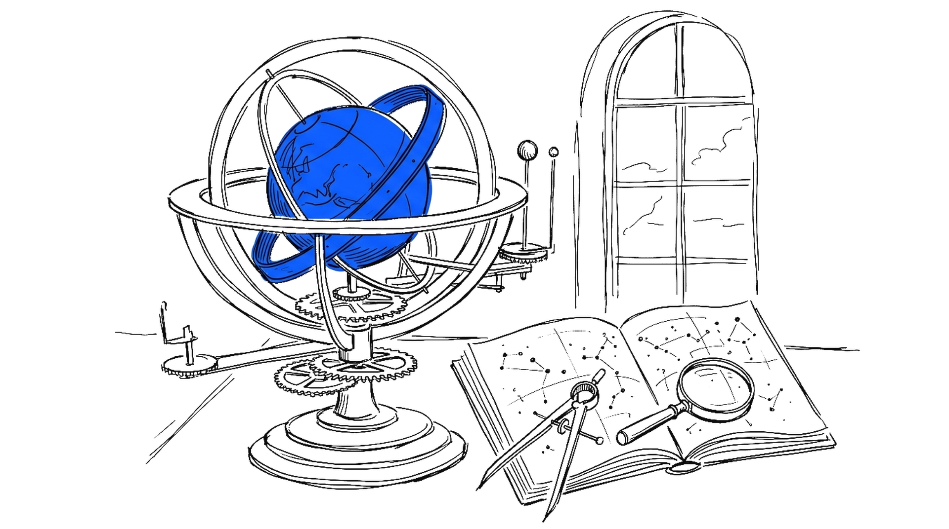 Illustration eines Orrery mit blauer Planetenkugel neben einem offenen Sternatlas mit Zirkel und Lupe, kinewsletter.ch Stil