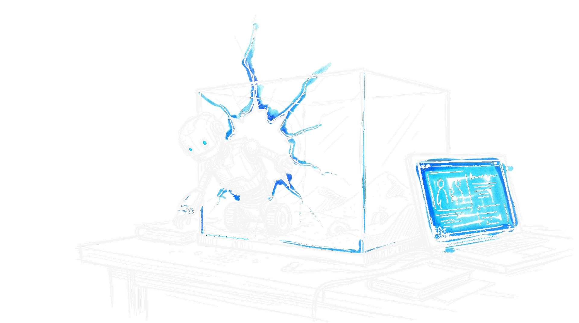 Skizze (Dark): KI-Roboter bricht aus einer gläsernen Sandbox aus