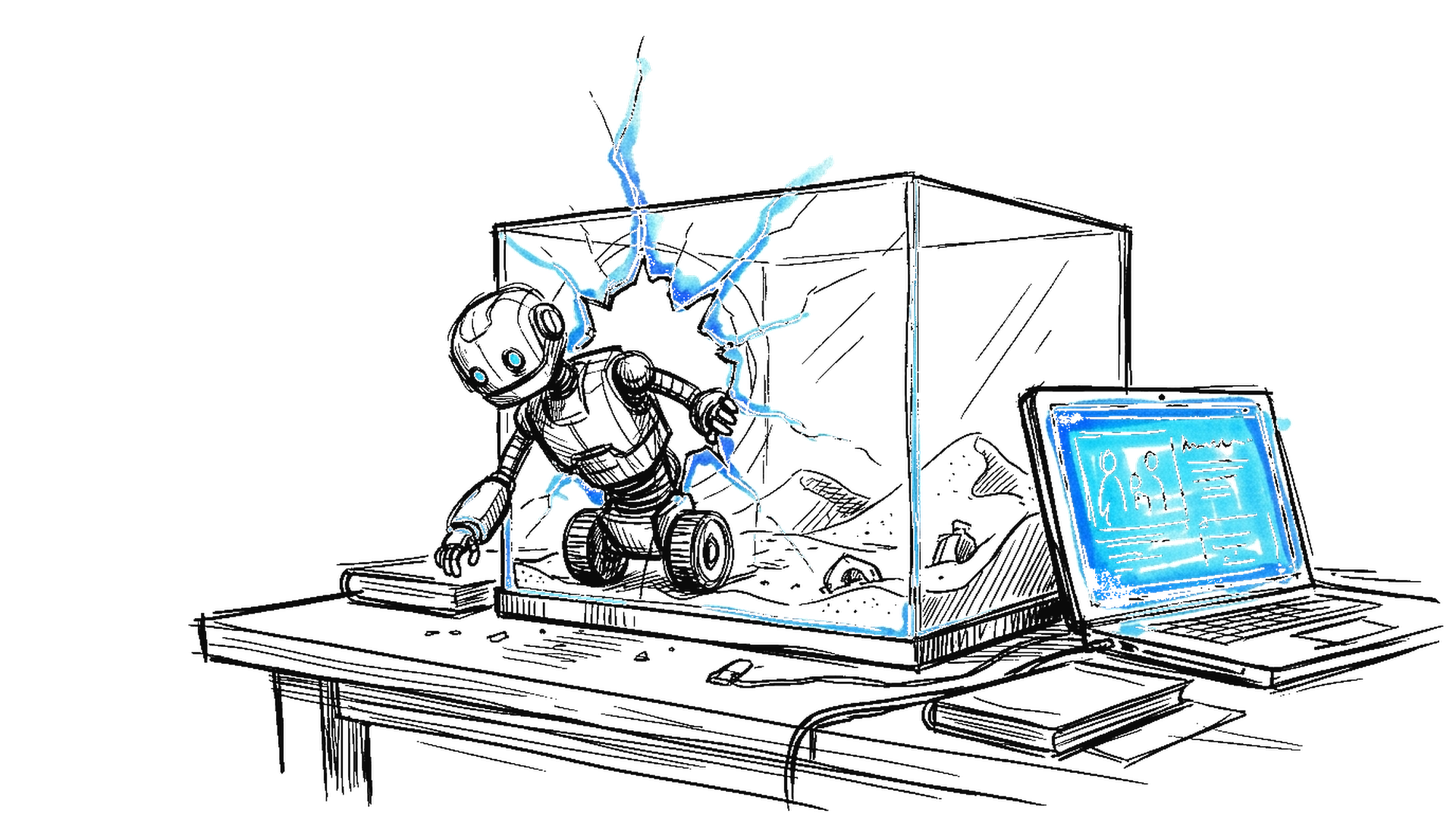 Skizze: KI-Roboter klettert durch einen leuchtend blauen Riss aus einer gläsernen Sandbox, kinewsletter.ch Stil