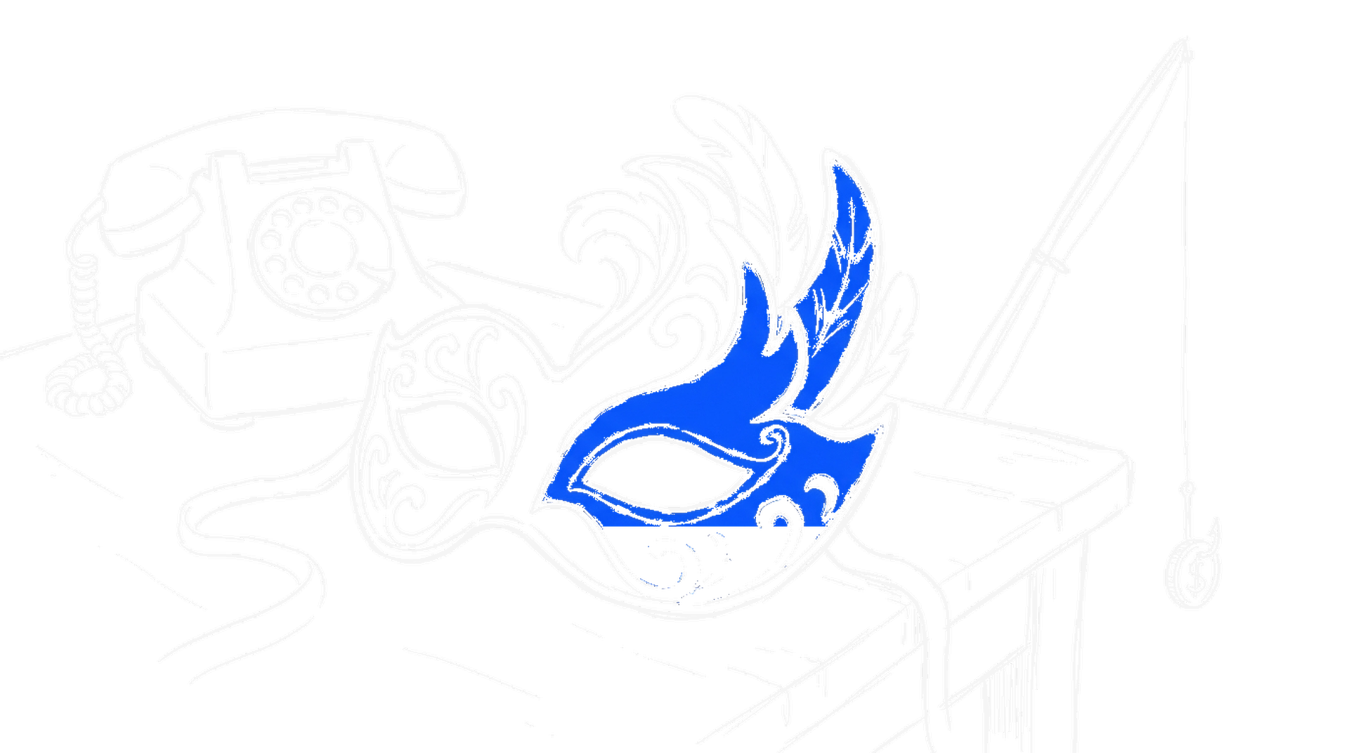 Illustration einer grossen blauen Maskerade-Maske auf einem Tisch, dahinter ein Wähltelefon und eine Angel mit Goldmünze, kinewsletter.ch Stil
