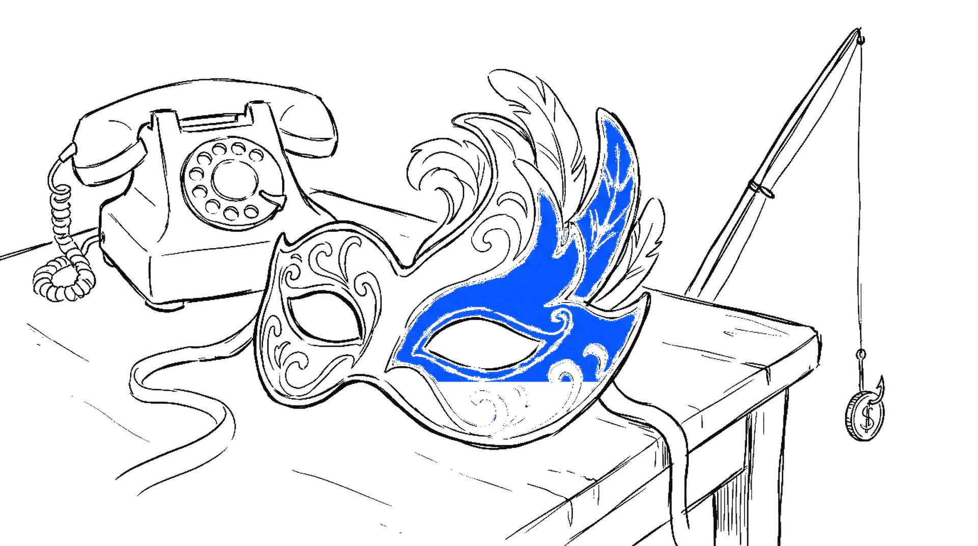 Illustration einer grossen blauen Maskerade-Maske auf einem Tisch, dahinter ein Wähltelefon und eine Angel mit Goldmünze, kinewsletter.ch Stil