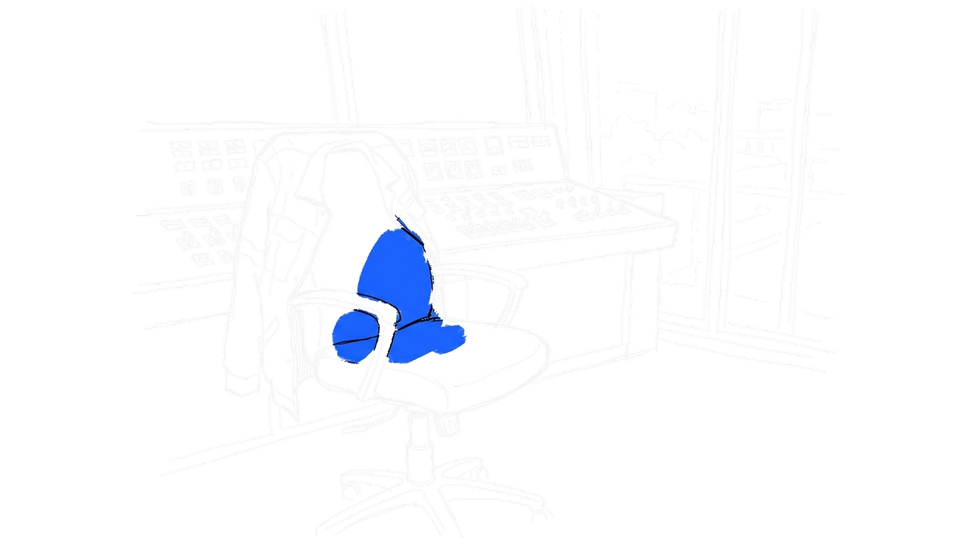 Skizze eines leeren Bürostuhls mit übergehängter Jacke vor einem Schaltpult, Dark-Variante
