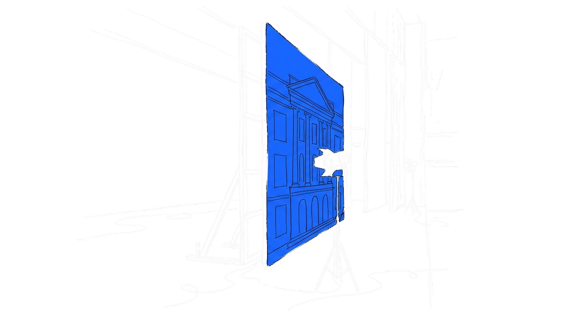 Illustration einer Theaterkulisse mit einer vorgetäuschten Instituts-Fassade, die von Holzbalken gestützt wird, kinewsletter.ch Stil