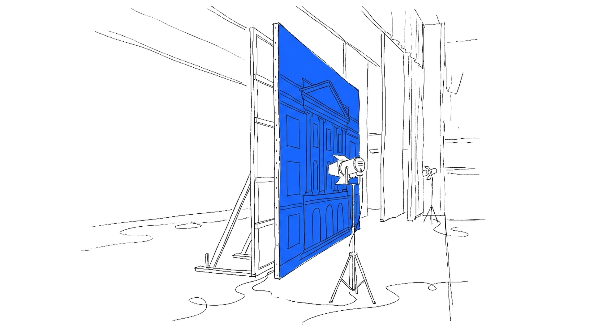 Illustration einer Theaterkulisse mit einer vorgetäuschten Instituts-Fassade, die von Holzbalken gestützt wird, kinewsletter.ch Stil