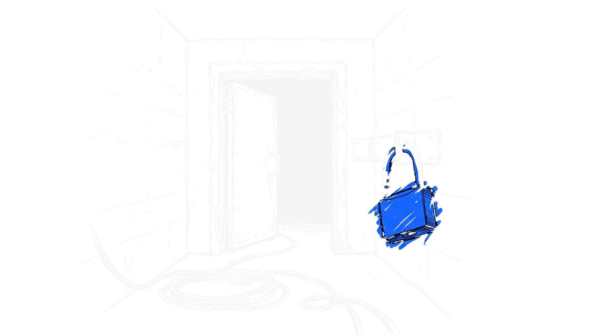 Illustration einer angelehnten Stahltür in einem Betonkorridor mit einem grossen offenen elektroblauen Vorhängeschloss und einem Kabelbündel am Boden, kinewsletter.ch Stil