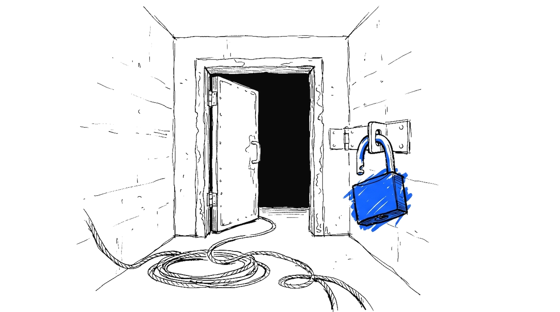 Illustration einer angelehnten Stahltür in einem Betonkorridor mit einem grossen offenen elektroblauen Vorhängeschloss und einem Kabelbündel am Boden, kinewsletter.ch Stil