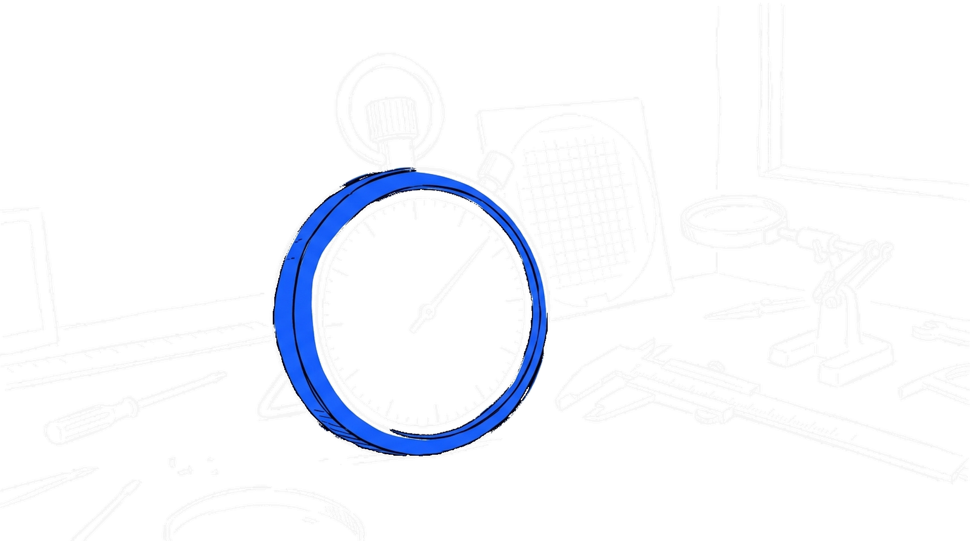 Illustration einer Stoppuhr mit blauem Gehäusering neben einem Silizium-Wafer auf einer Werkbank, kinewsletter.ch Stil