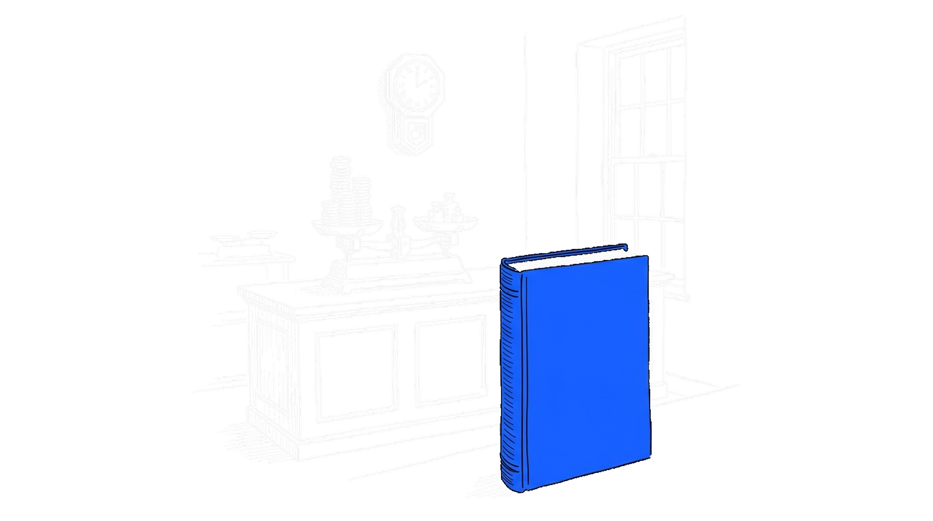 Handgezeichnete Skizze eines Holztresens mit zwei Balkenwaagen, einer Schale voller Münzen und einem grossen elektroblauen Kontobuch im Vordergrund, darüber eine Wanduhr, kinewsletter.ch Stil