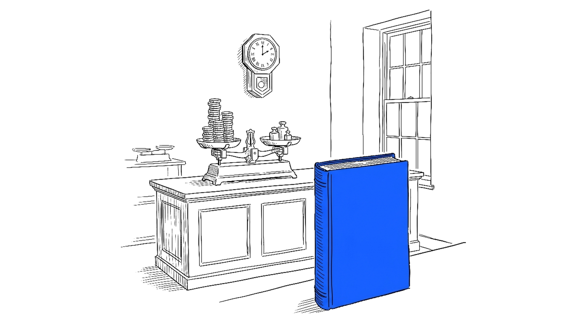 Handgezeichnete Skizze eines Holztresens mit zwei Balkenwaagen, einer Schale voller Münzen und einem grossen elektroblauen Kontobuch im Vordergrund, darüber eine Wanduhr, kinewsletter.ch Stil