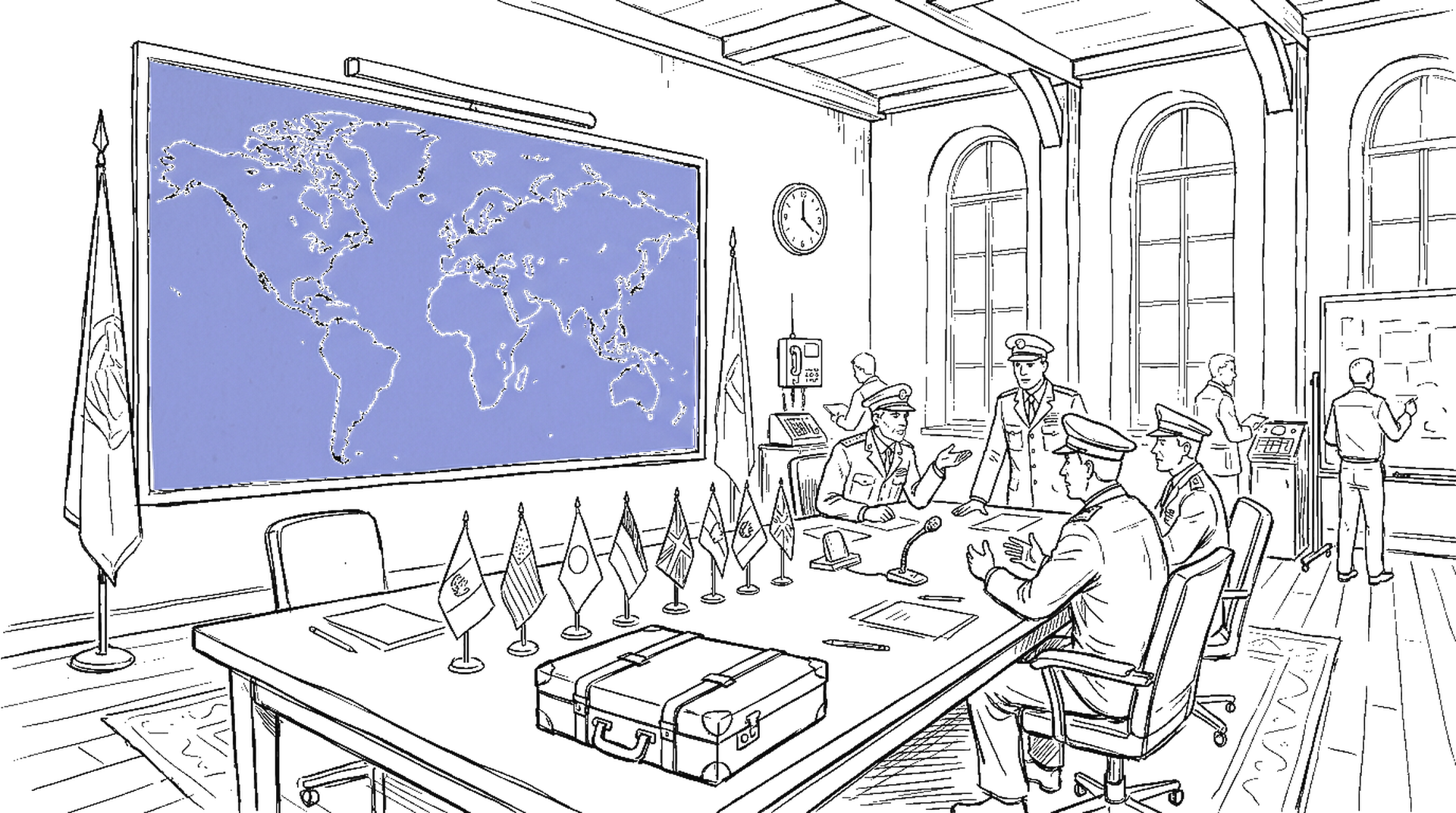 Illustration eines militärischen Kommandoraums mit Weltkarte, Flaggen und Konferenztisch im kinewsletter.ch Sketch-Stil