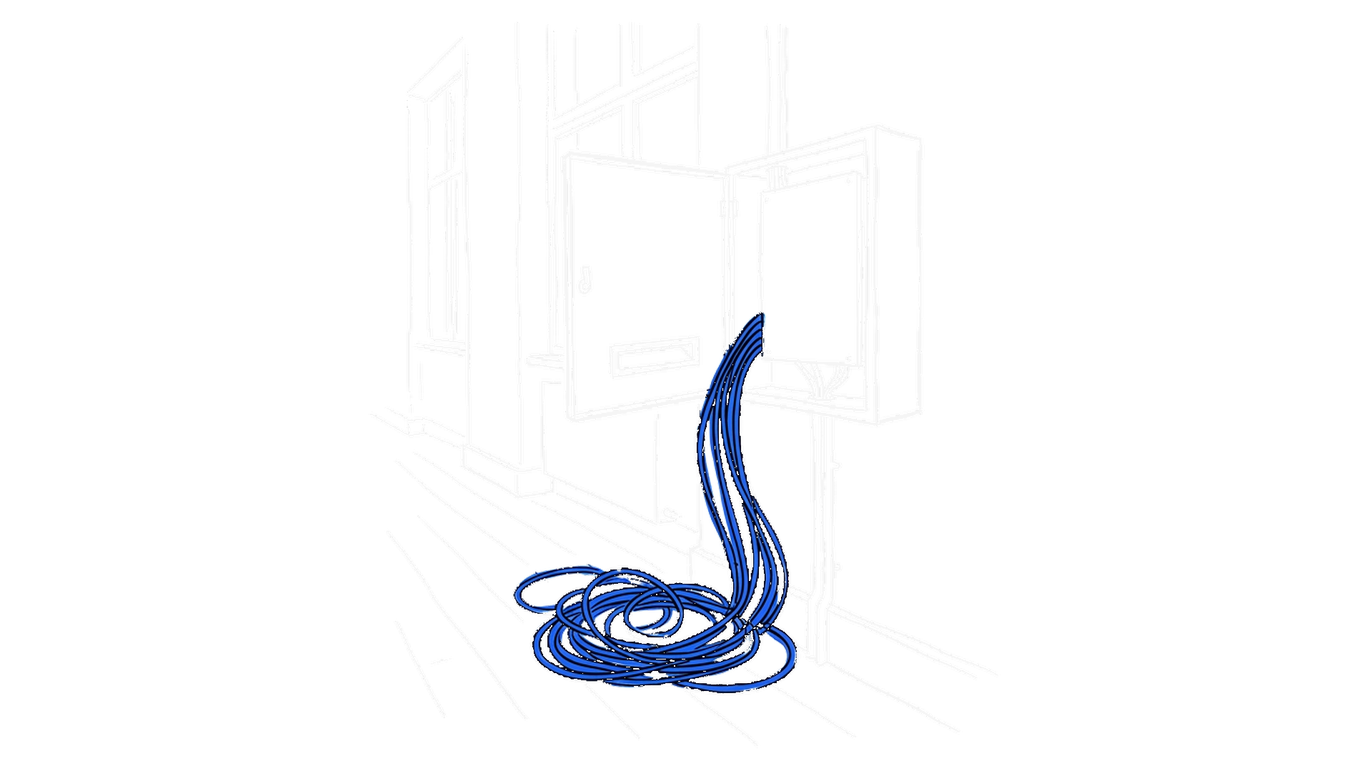 Illustration eines geöffneten Wandverteilerkastens mit herausquellendem Kabelbündel, kinewsletter.ch Stil