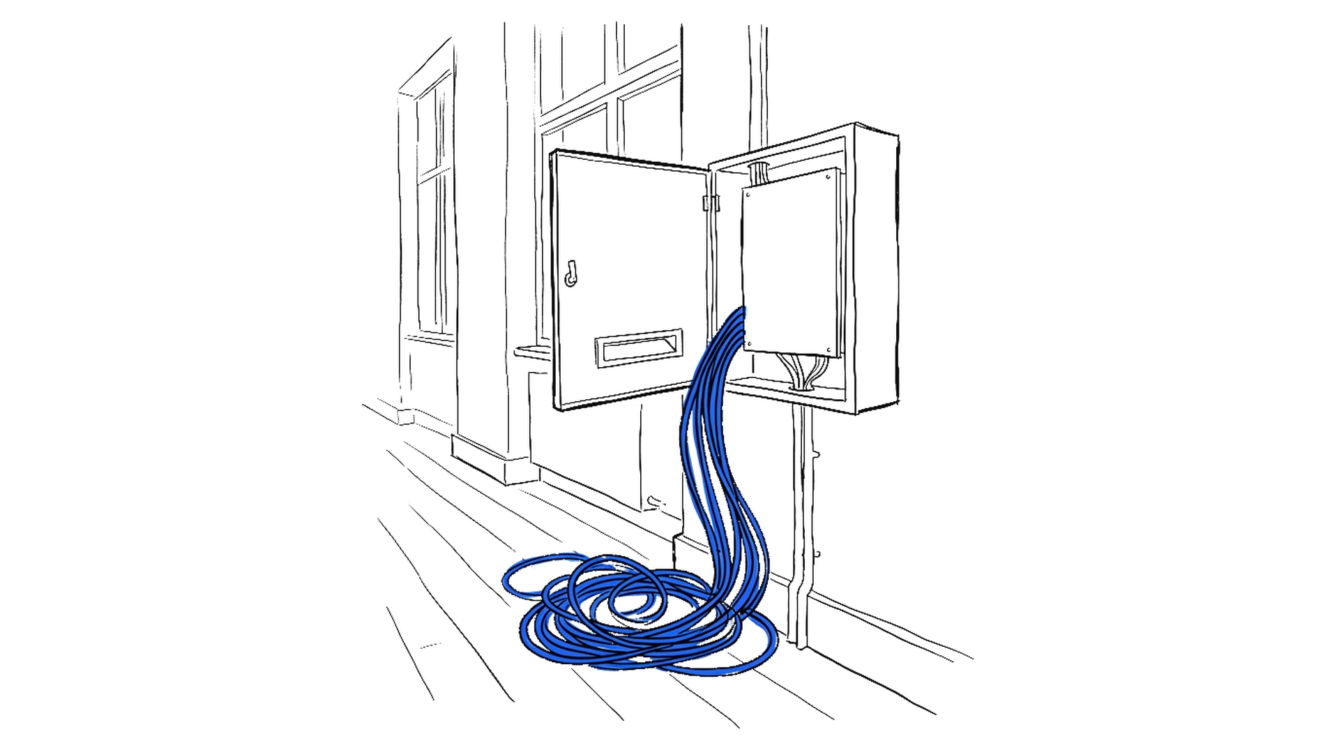 Illustration eines geöffneten Wandverteilerkastens mit herausquellendem Kabelbündel, kinewsletter.ch Stil