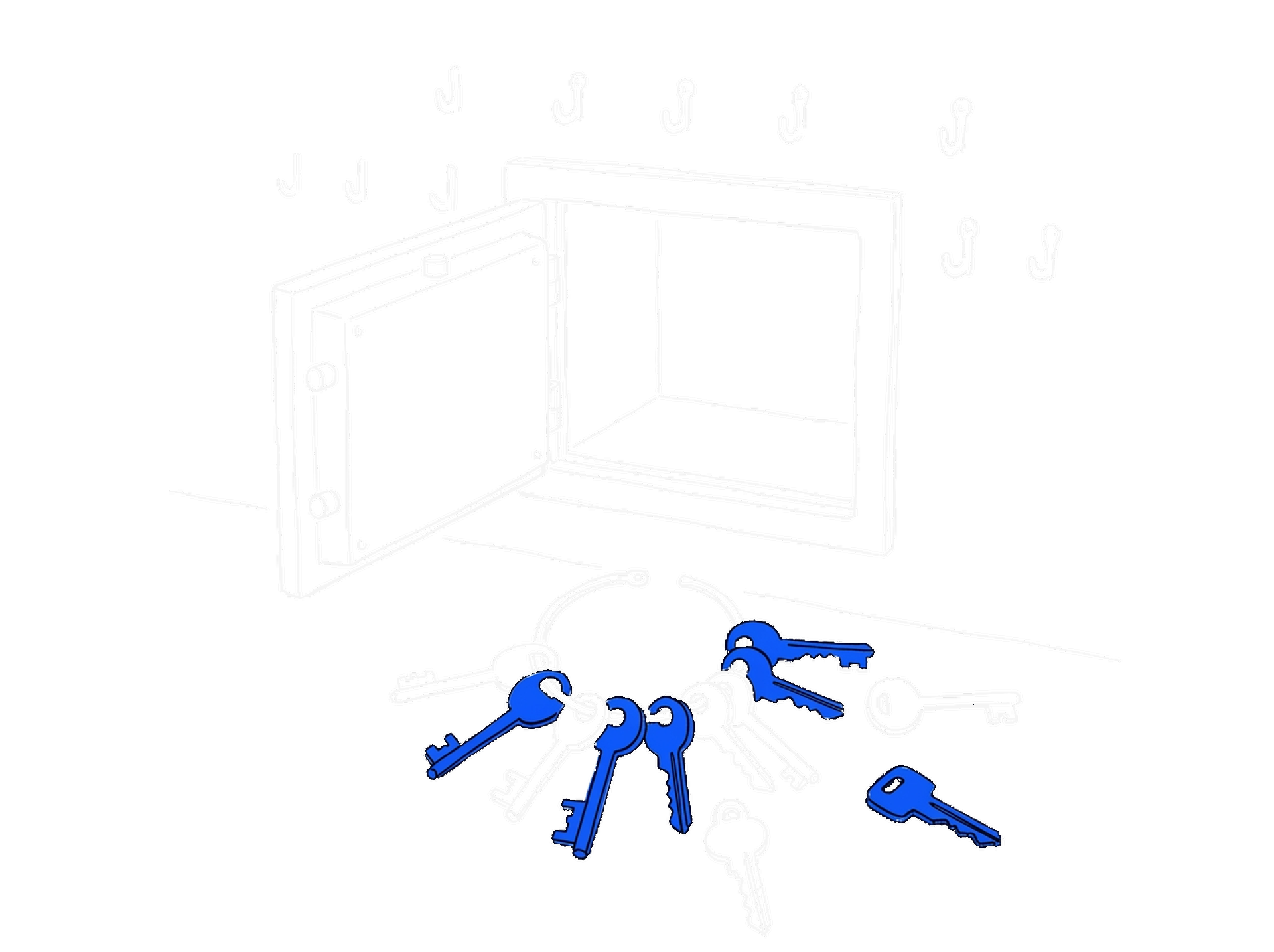 Handgezeichnete Skizze eines offenen Wandtresors mit am Boden verstreuten Schlüsseln; die Schlüssel leuchten in Blau