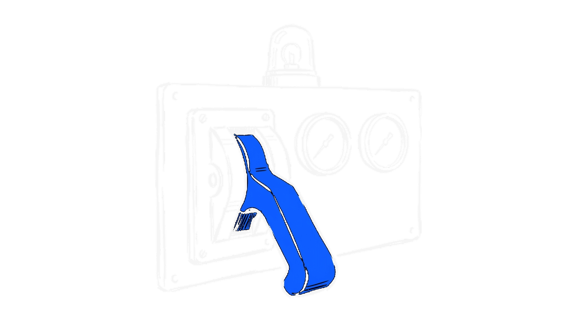 Handgezeichnete Illustration eines blauen Notbrems-Hebels mit Manometern, kinewsletter.ch Stil