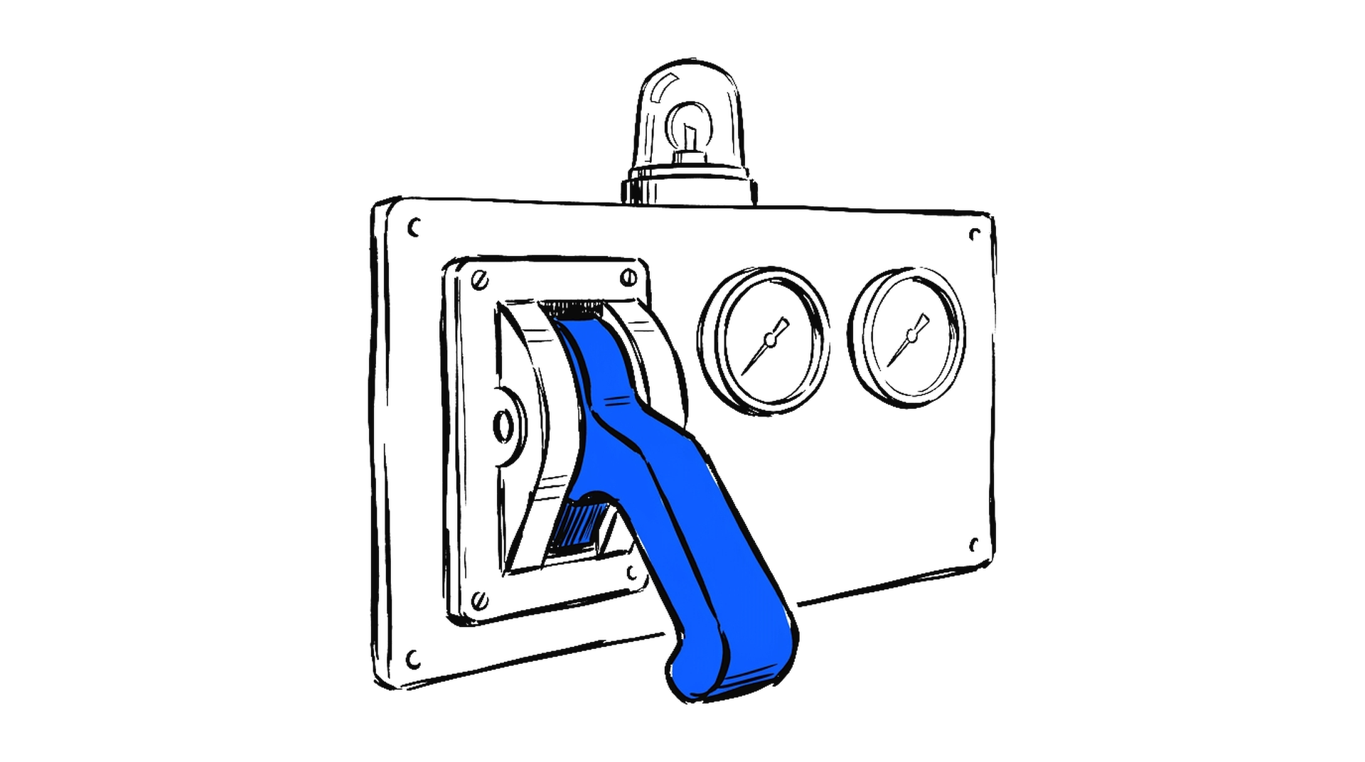 Handgezeichnete Illustration eines blauen Notbrems-Hebels mit Manometern, kinewsletter.ch Stil
